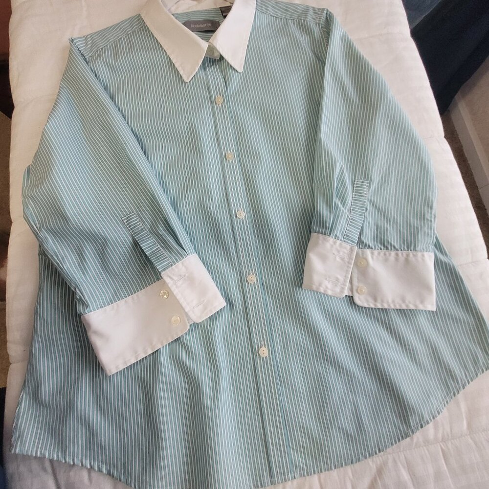 Teal Blue & White Pin Stripe Blouse XL Liz Claiborne - Picture 12 of 16